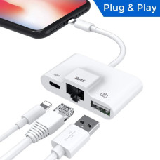 Переходник для Lightning на USB и Интернет адаптер для Apple Lightning на USB для подключения камеры и RJ45 Ethetnet кабель с разъемом зарядки