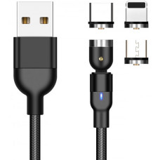 Магнитный кабель 3 в 1 для Android iPhone Type C Magnetic USB Cable магнитная зарядка поворотный с подсветкой Black