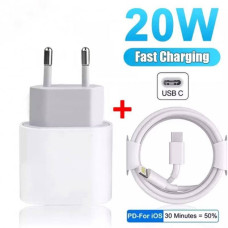 Комплект быстрой зарядки 20 Вт для Apple iPhone iPod, Сетевое зарядное устройство 20W USB-C Power Adapter (Type-C), Кабель зарядки USB-C to Lightning